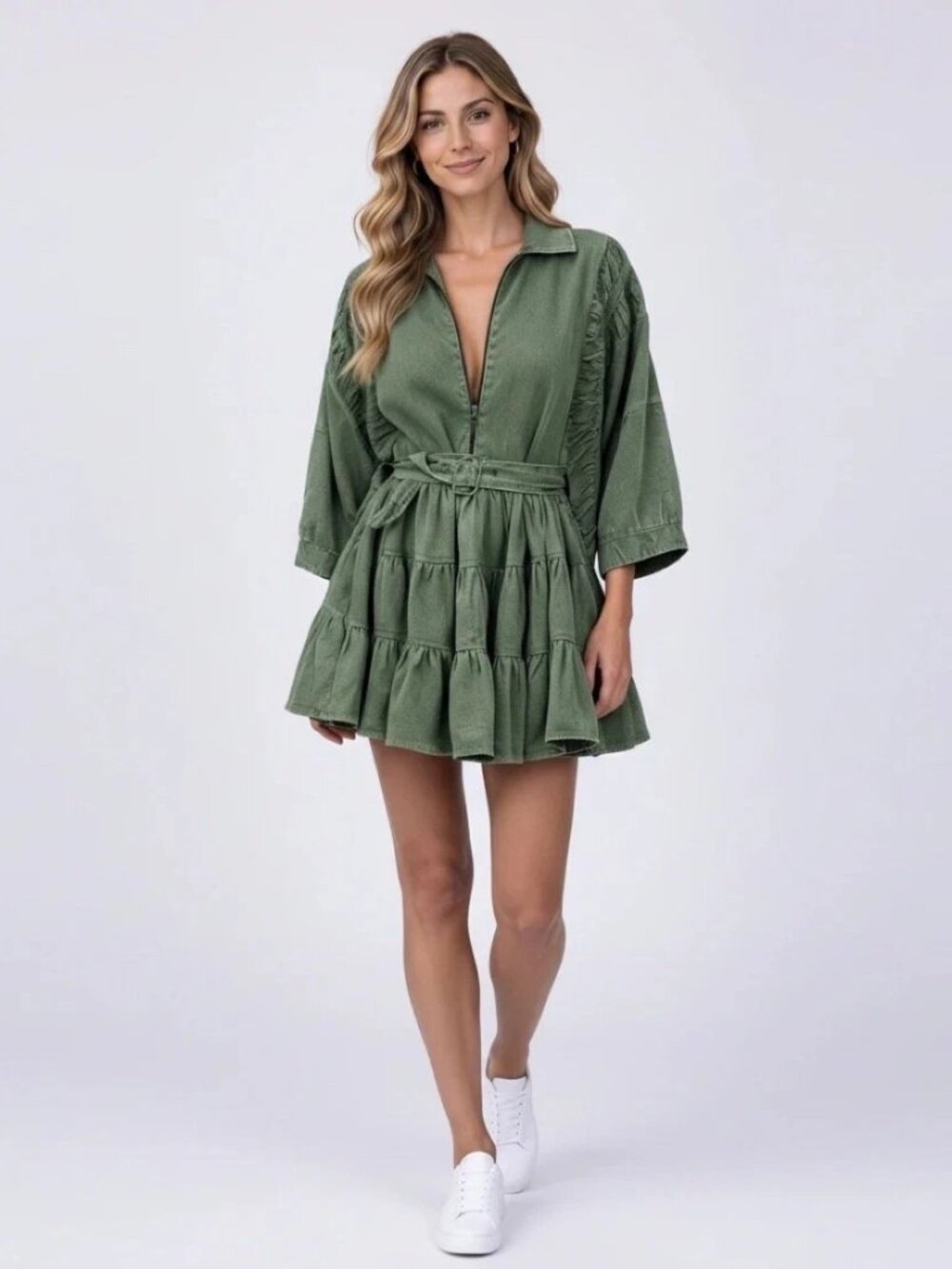 Free People Hampton Mini Dress Olive Green Quarter Zip Ruffle Tiered Size M